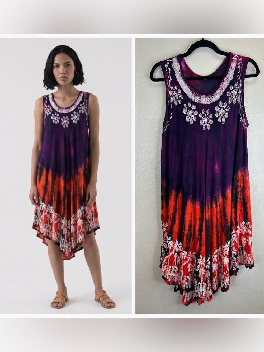 Beachy Sleeveless Tie Dye Floral Hem Dress One Size Boho Hippie Festival Summer